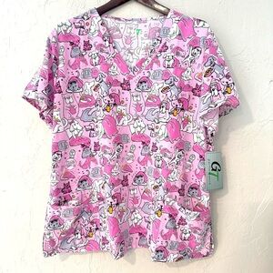 Green Town Performance-Scrub Top-Cat/Dog Staycation Pattern-Stretch-Size 2X-NWT
